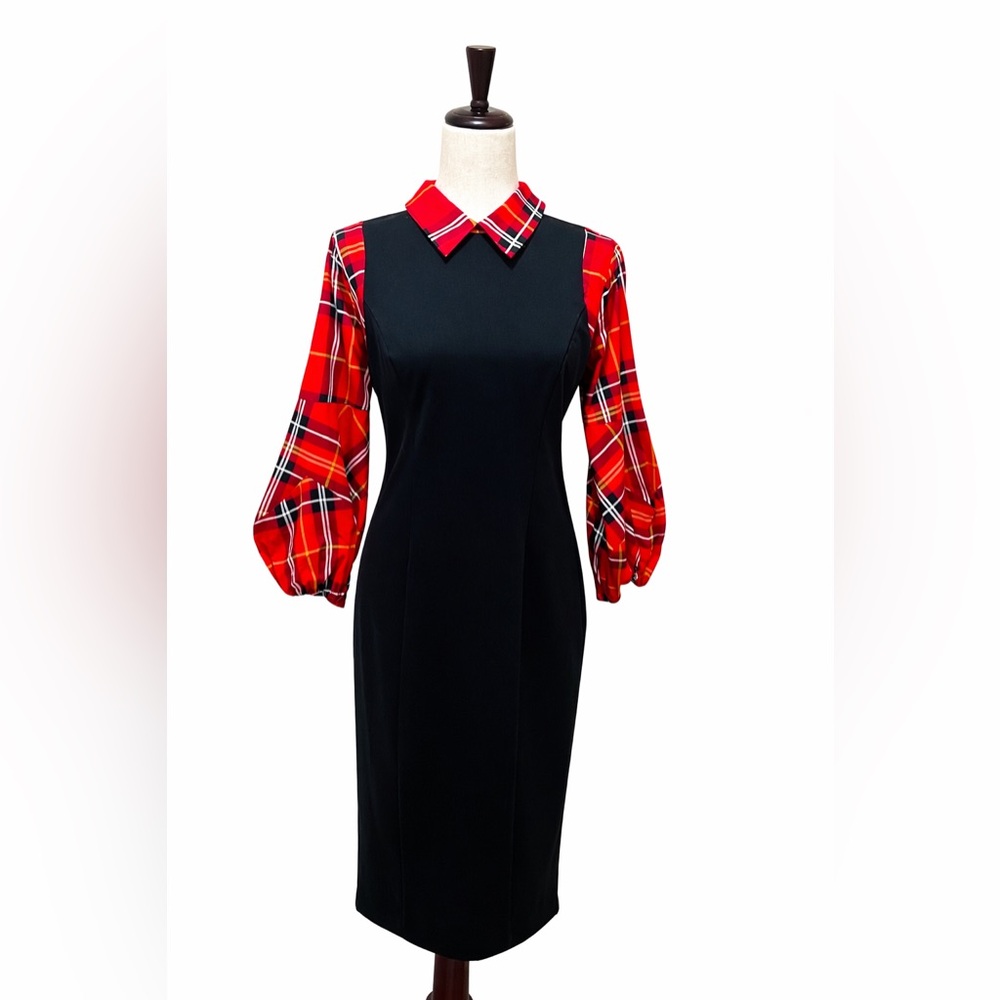 New York & Company Black Dress with Red Plaid Sleeves